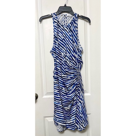 New A.L.C. Rue Stripe Ruched Silk Blend Dress in White Blue Size 14 - Picture 5 of 13
